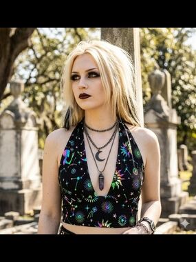 Celestial Print Black Halter Crop Top